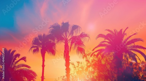 A breathtaking sunset scene with palm trees in the foreground, the sun setting in the background, casting a warm glow on the sky and creating a peaceful atmosphere AIG50