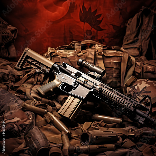 M4 assault rifle and ammunition on khaki cloth background. photo