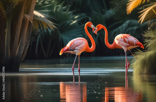 Flamingos, in their natural environment. Two flamingos, a pair of flamingos, The photo was taken using a neural network. High quality photos photo