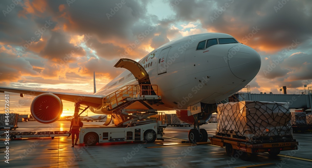 Cargo Plane Loading at Sunset. Cargo plane being loaded with freight at sunset, with workers and equipment in action on the tarmac. Cargo Plane Loading at Sunset. Cargo plane being loaded with freight at sunset, with workers and equipment in action on the tarmac.