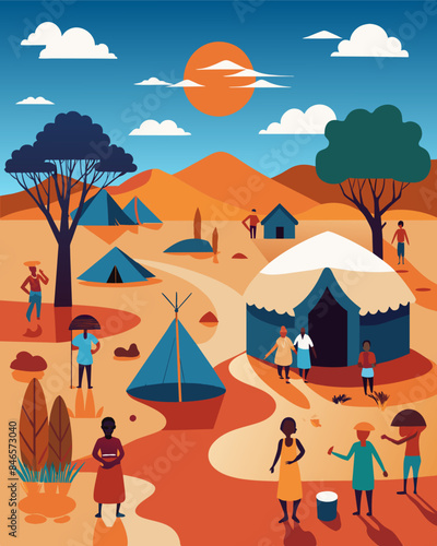 In a African country prolonged drought and unpredictable weather patterns have driven nomadic communities to abandon their traditional way of life and seek shelter in urban areas. Vector illustration
