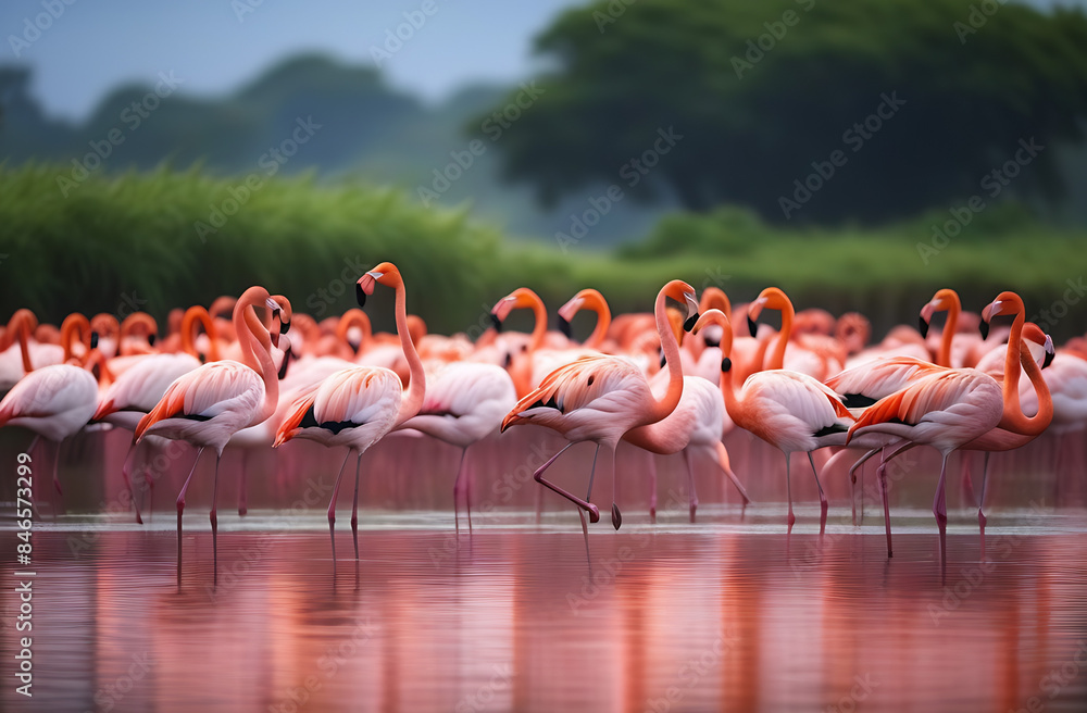 Naklejka premium Flamingo. A flock of flamingos in a natural environment. The picture was made using a neural network. High quality photo