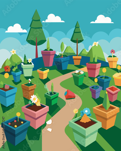 Empty littered lots are turned into flowerfilled public gardens with artwork made from discarded plastic containers and materials.. Vector illustration