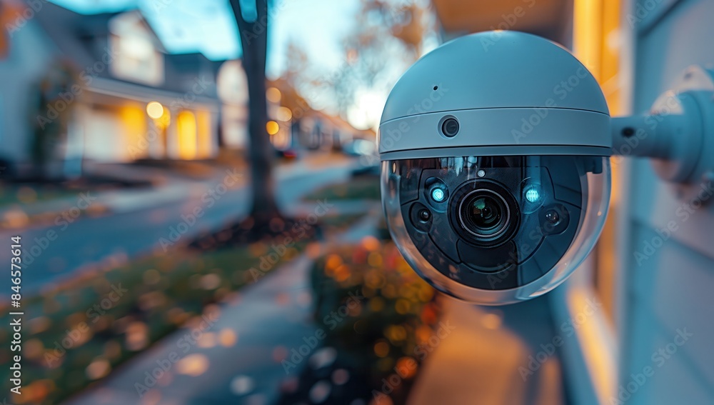 Outdoor Security Camera in Suburban Neighborhood. Close-up of a modern outdoor security camera in a suburban neighborhood, highlighting home security and monitoring. Outdoor Security Camera in Suburban Neighborhood. Close-up of a modern outdoor security camera in a suburban neighborhood, highlighting home security and monitoring.