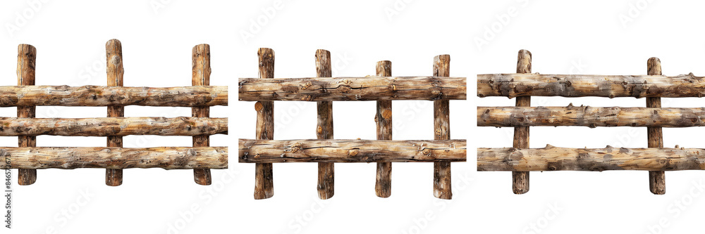 Obraz premium A wooden log fence with rough, natural textures, placed against a pure highlighting the intricate details of the wood on transparent background