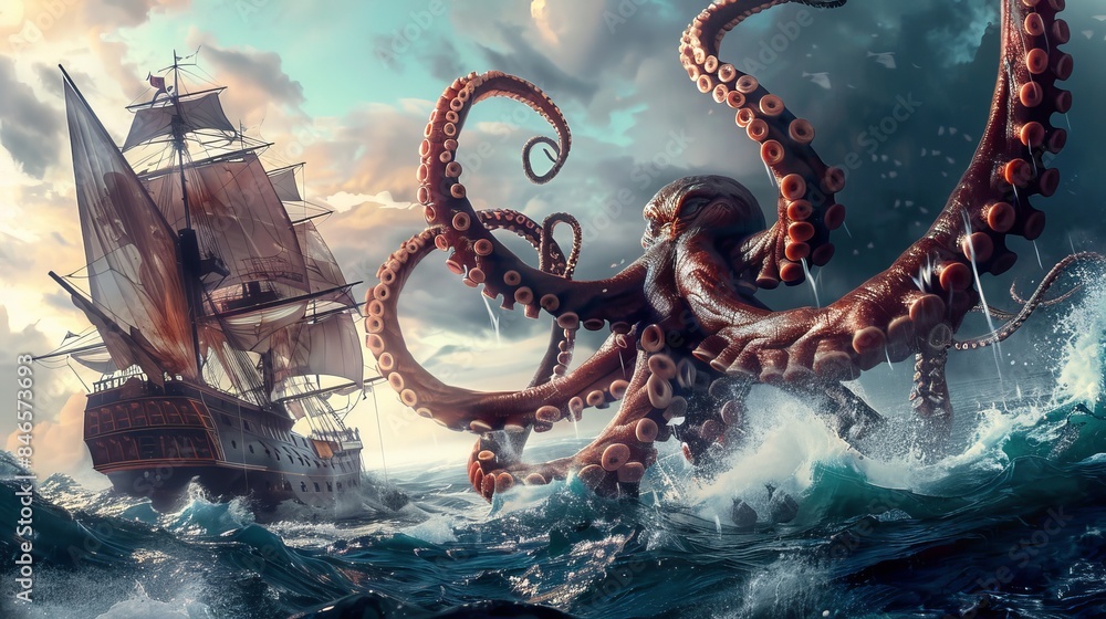Fantasy illustration of a Kraken tentacle monster attacking a pirate