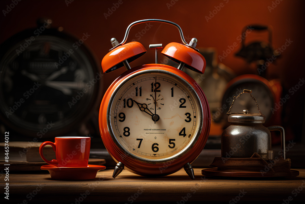 Hot coffee photography in a retro alarm clock. Hot coffee photography in a retro alarm clock.