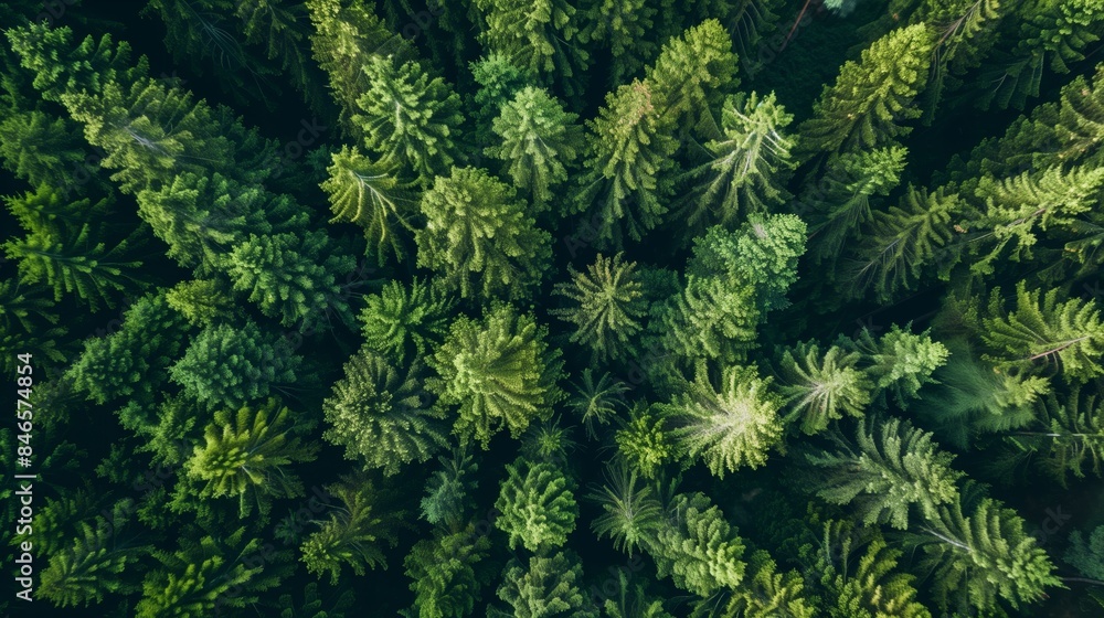 Top view of a pine forest. Cinematic drone view forest, Green background