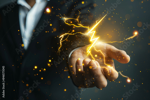 Stylized yellow lightning icon projected onto a businessman's hand, set against a white background, symbolizing ideas, innovation, or fast-paced business concepts