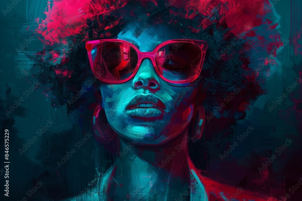 Vivid neon portrait of stylish young woman with sunglasses Vivid neon portrait of stylish young woman with sunglasses