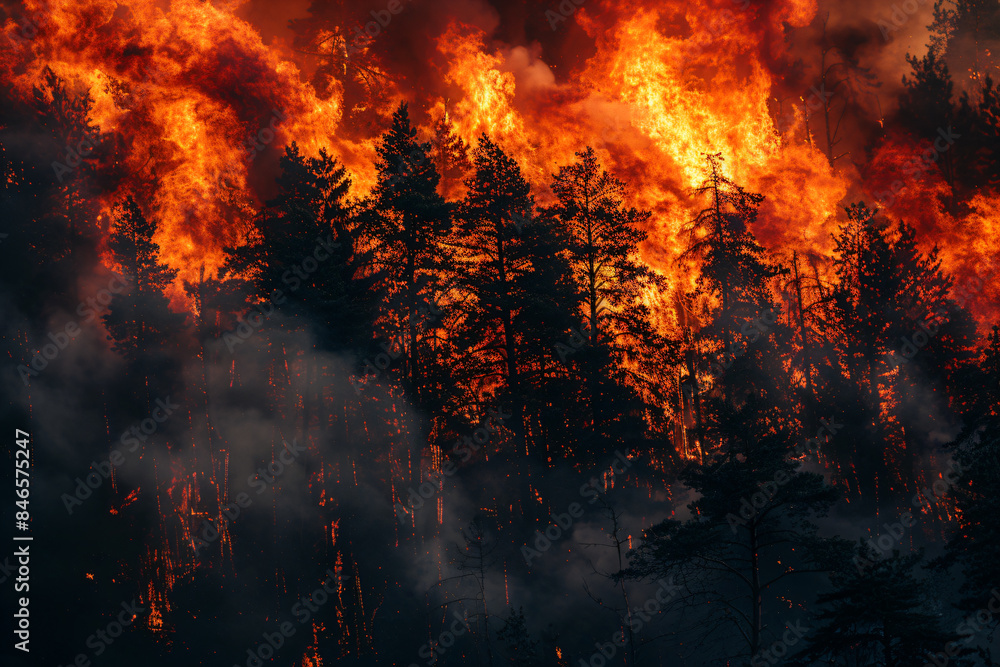 Intense forest fire raging through dense woodland, capturing the dramatic impact of natural disasters and climate change, ideal for environmental awareness and disaster management illustrations