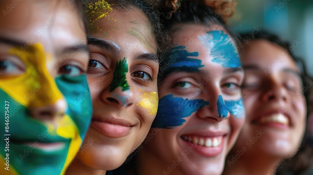 Obraz premium friends painting their faces with the Brazilian flag colors, showing their patriotism on Independence Day