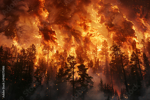 Devastating forest blaze engulfing trees, showcasing the destructive force of wildfires, suitable for studies on climate impact, ecological consequences, and disaster preparedness © Dmitry