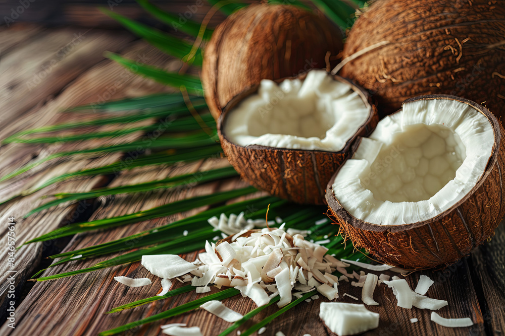 Fresh, opened coconuts artfully arranged with coconut slices, flakes, and lush green leaves on a wooden table, showcasing the tropical fruit's versatility and natural beauty Fresh, opened coconuts artfully arranged with coconut slices, flakes, and lush green leaves on a wooden table, showcasing the tropical fruit's versatility and natural beauty
