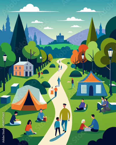 In a wealthy suburb manicured lawns and lavish mansions line the streets while just a few miles away homeless individuals huddle under makeshift tents in a park.. Vector illustration