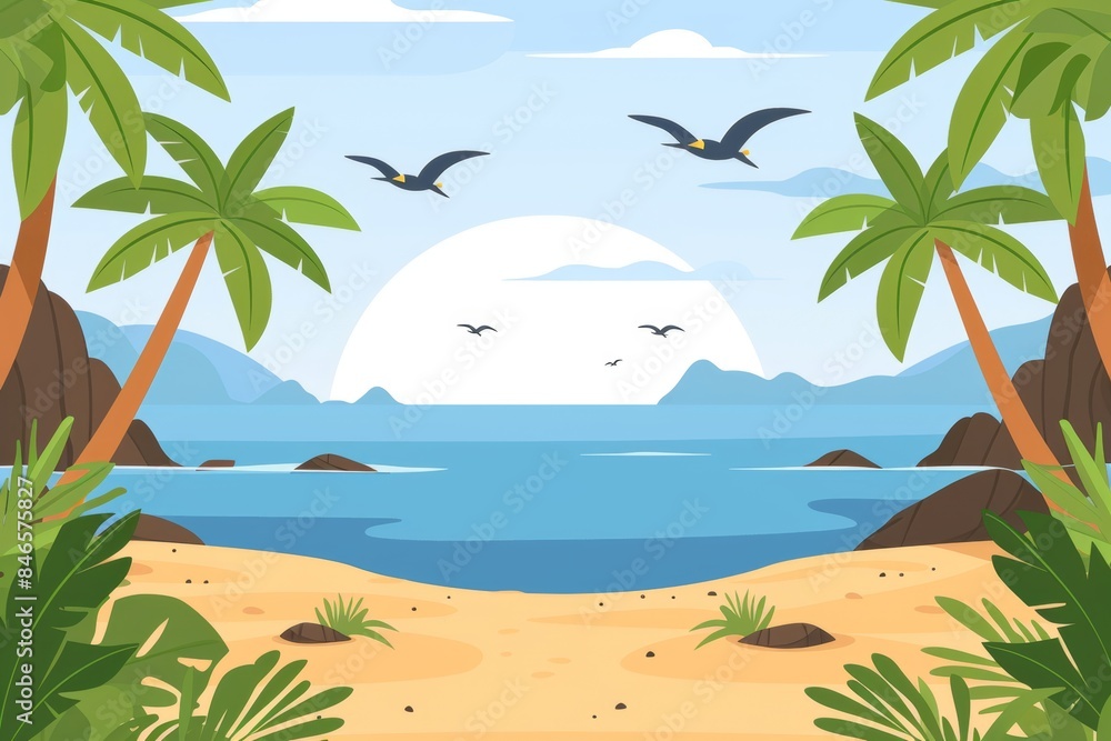 Tropical beach paradise with palm trees and flying birds at sunset Tropical beach paradise with palm trees and flying birds at sunset