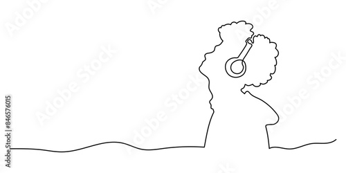 Man with headphones one line on a white background. One line continuous music banner concept. Vector illustration.