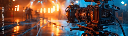 A highend cinema camera on a set, with bright studio lights and blurred figures in the background, capturing the essence of professional filmmaking