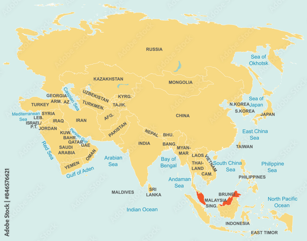 Fototapeta premium Highlighted red map of MALAYSIA inside orange detailed tagged map of Asia using orthographic projection on blue background