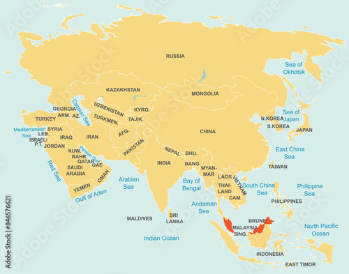 Highlighted red map of MALAYSIA inside orange detailed tagged map of Asia using orthographic projection on blue background