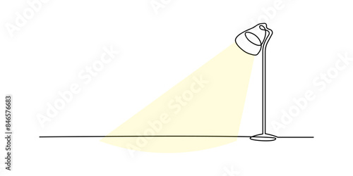 Room floor lamps Continuous line. One line drawing of a home furniture object to illustrate interior design. Line art object. A lampshade in a linear style with a light effect. 