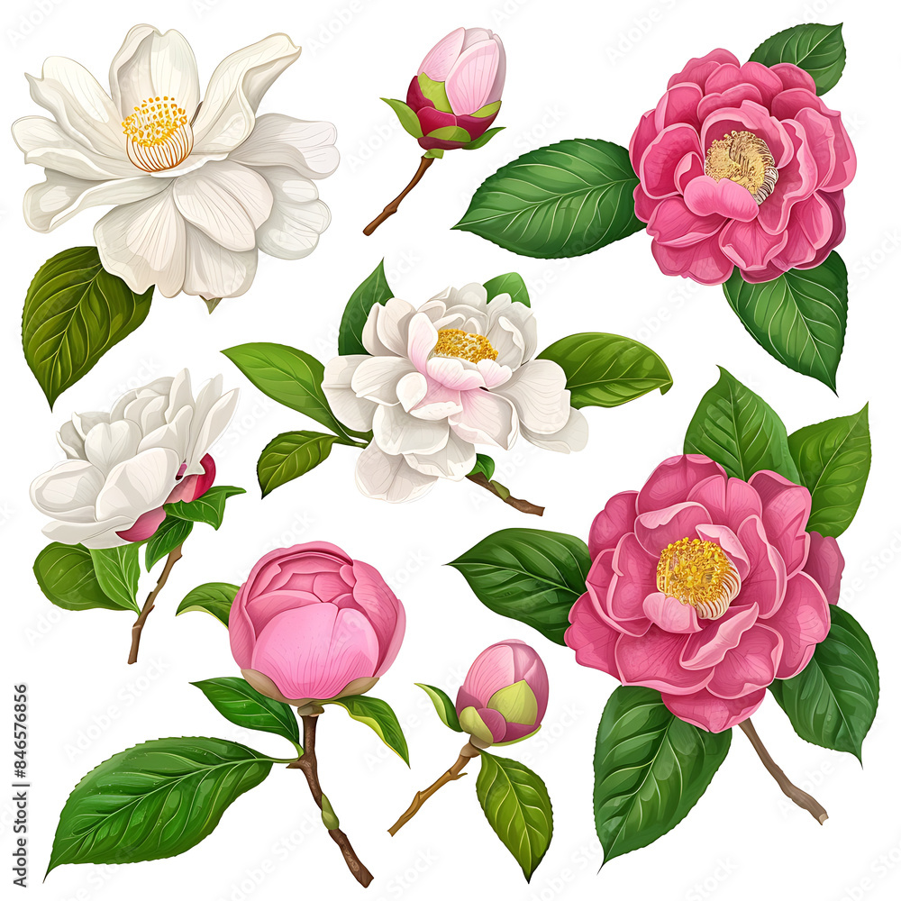Set of blossoms camellia flower elements isolated on white or transparent background Set of blossoms camellia flower elements isolated on white or transparent background