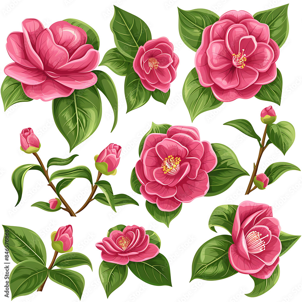 Set of blossoms camellia flower elements isolated on white or transparent background Set of blossoms camellia flower elements isolated on white or transparent background