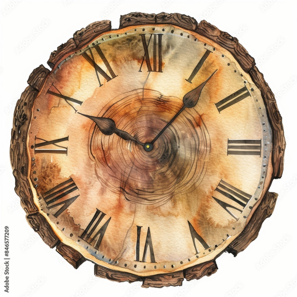 A charming watercolor clipart of a rustic clock, isolated on a white background 