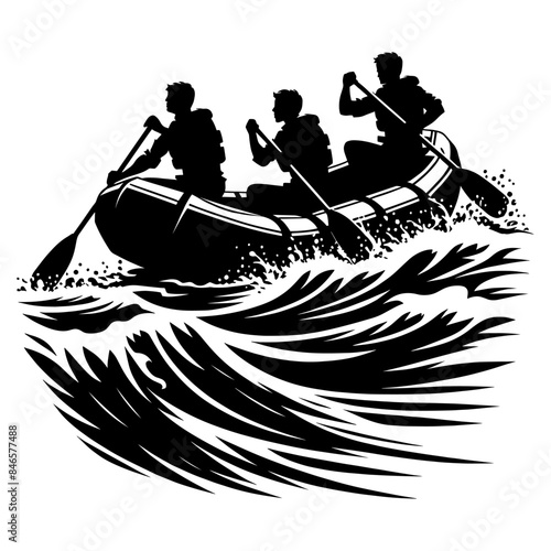 Rafting team on river silhouette clip art. vector illustration