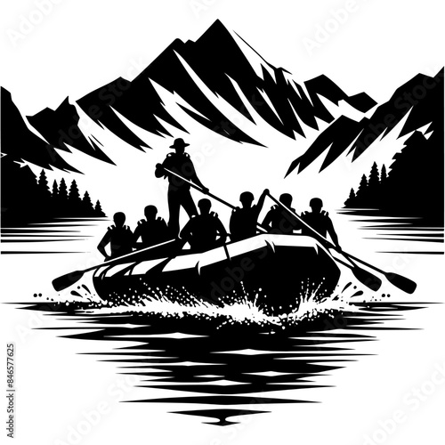 Scene of a Rafting team on river silhouette clip art. vector illustration