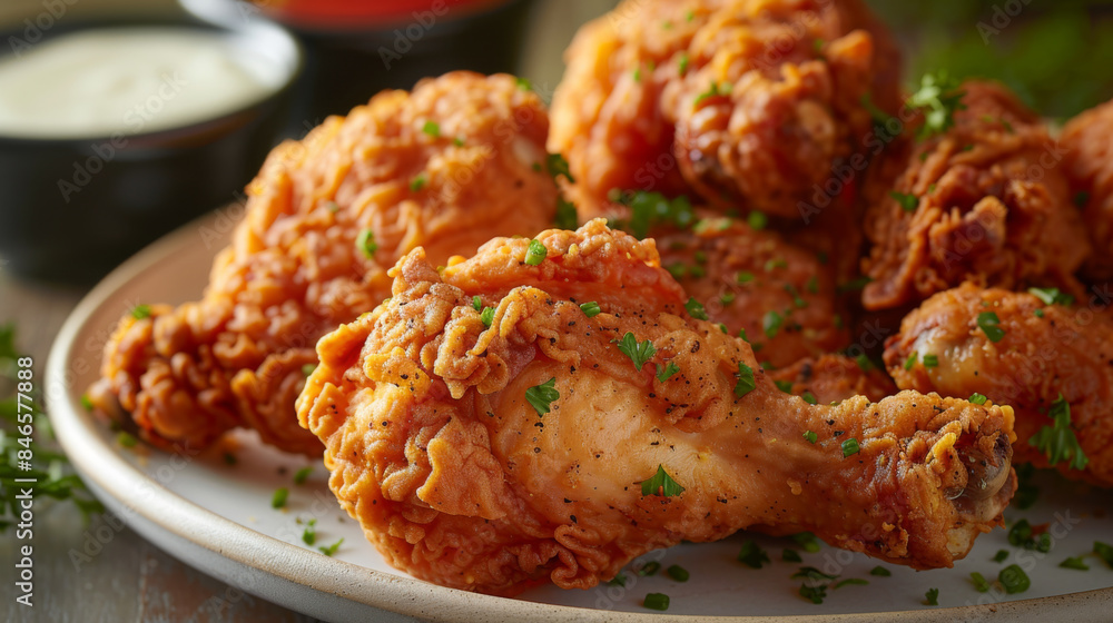 Plate of golden brown crispy fried chicken drumsticks garnished with herbs, ready to be enjoyed as a delicious meal. Plate of golden brown crispy fried chicken drumsticks garnished with herbs, ready to be enjoyed as a delicious meal.