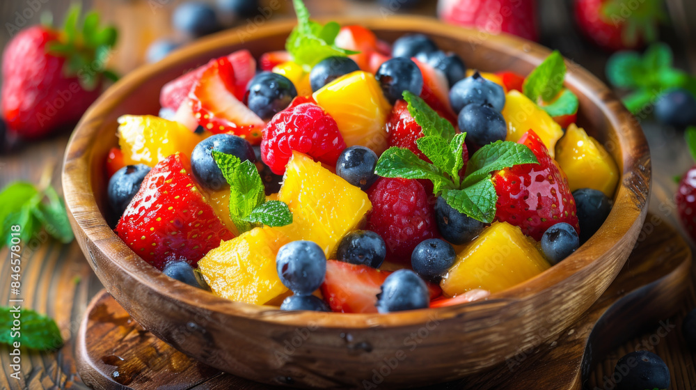 Wooden bowl filled with a vibrant fruit salad of strawberries, blueberries, mango, and mint leaves for a refreshing treat. Wooden bowl filled with a vibrant fruit salad of strawberries, blueberries, mango, and mint leaves for a refreshing treat.