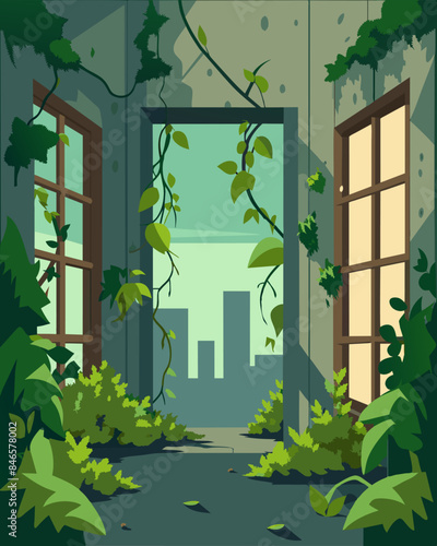 The overgrown plants and vines creeping through the windows and doorways added a touch of nature to the manmade structures of the abandoned factory.. Vector illustration