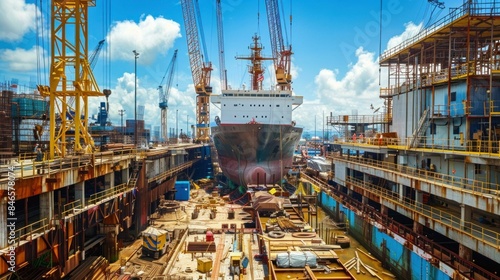 Large ship construction in shipyard with cranes and construction equipment for shipbuilding project