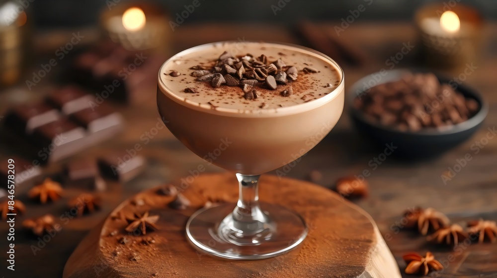 A glass of chocolate drink with chocolate shavings on top A glass of chocolate drink with chocolate shavings on top