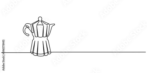 One line drawing of a coffee pot above a table in a cafe. Electricity coffee drink tools concept. Caffeine energy drink. Minimalistic design