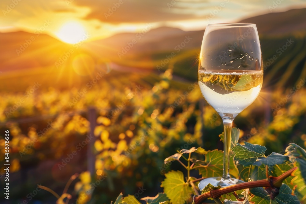 Golden hour vineyard with wine glass in the foreground Golden hour vineyard with wine glass in the foreground