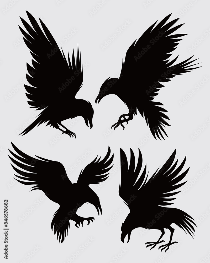 Fototapeta premium Raven ink silhouette collection crow bird wings flying illustration vector template paper cut sticker print art t shirt design element editable