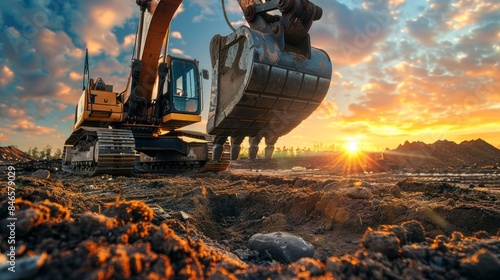 Bustling surface mining operation during sunset with a close-up of a dynamic excavator.