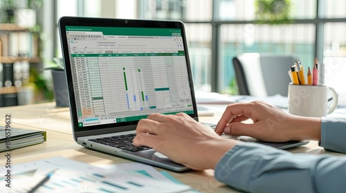 A beginner in Excel learning new formulas, set in a modern, bright office with large windows.
