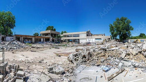 Panorama of Demolition Aftermath, Gray Concrete Remains . Generative Ai photo