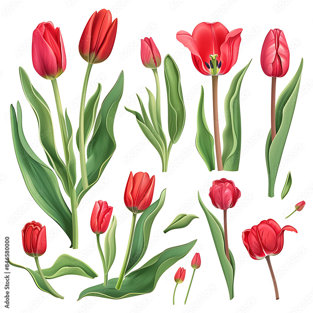 Obraz premium Set of tulip elements isolated on white or transparent background