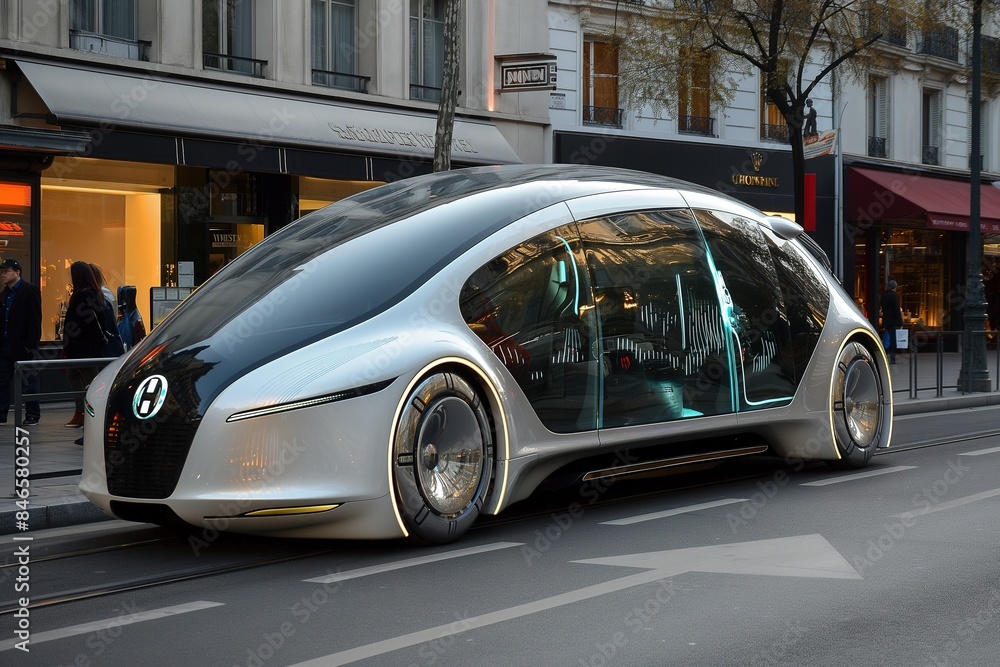 A futuristic autonomous vehicle drives on a city street in Paris. A futuristic autonomous vehicle drives on a city street in Paris.