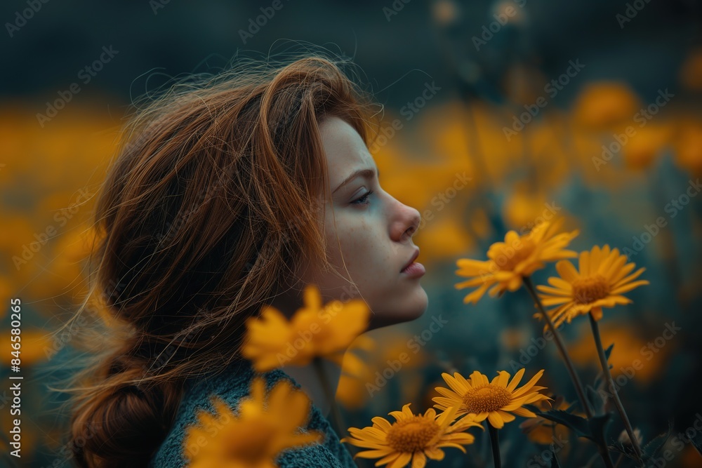 A woman with long red hair stands in a field of yellow flowers, looking up at the sky. A woman with long red hair stands in a field of yellow flowers, looking up at the sky.