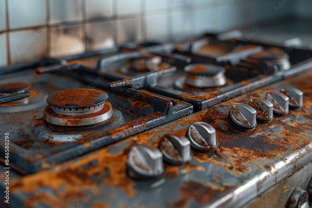 A close-up of a rusted modern gas stovetop. A close-up of a rusted modern gas stovetop.