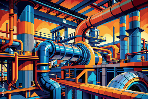 a complex network of pipes and machinery, depicting an industrial structure or abstract mechanical art. The colors are saturated, with shades of blue and orange,