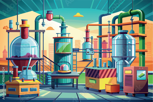 The interior of an industrial plant with various machines and apparatus. It shows large tanks connected by pipes. refining of petroleum products
