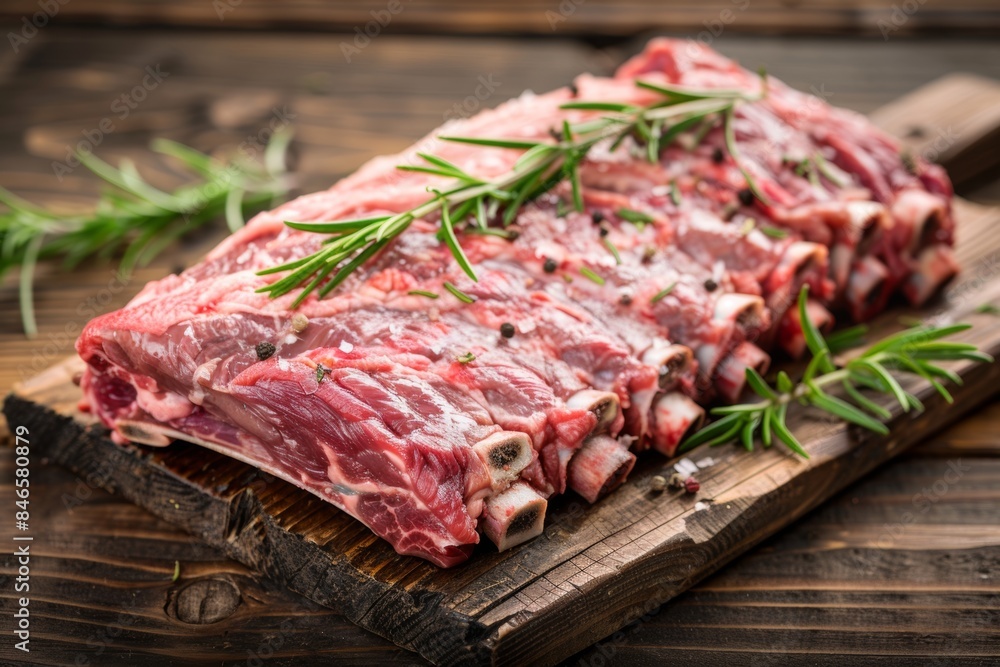 Raw lamb ribs with rosemary on wooden board Raw lamb ribs with rosemary on wooden board