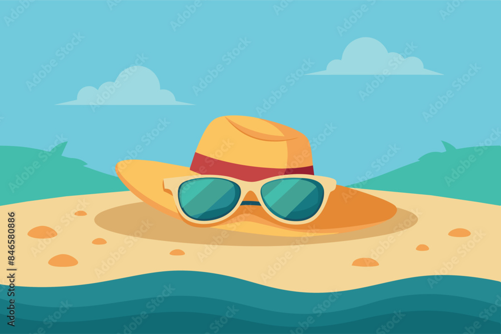 image of a beach scene. A straw hat and sunglasses are lying on the sand. Palm trees can be seen in the distance. The theme of vacation and carefree image of a beach scene. A straw hat and sunglasses are lying on the sand. Palm trees can be seen in the distance. The theme of vacation and carefree