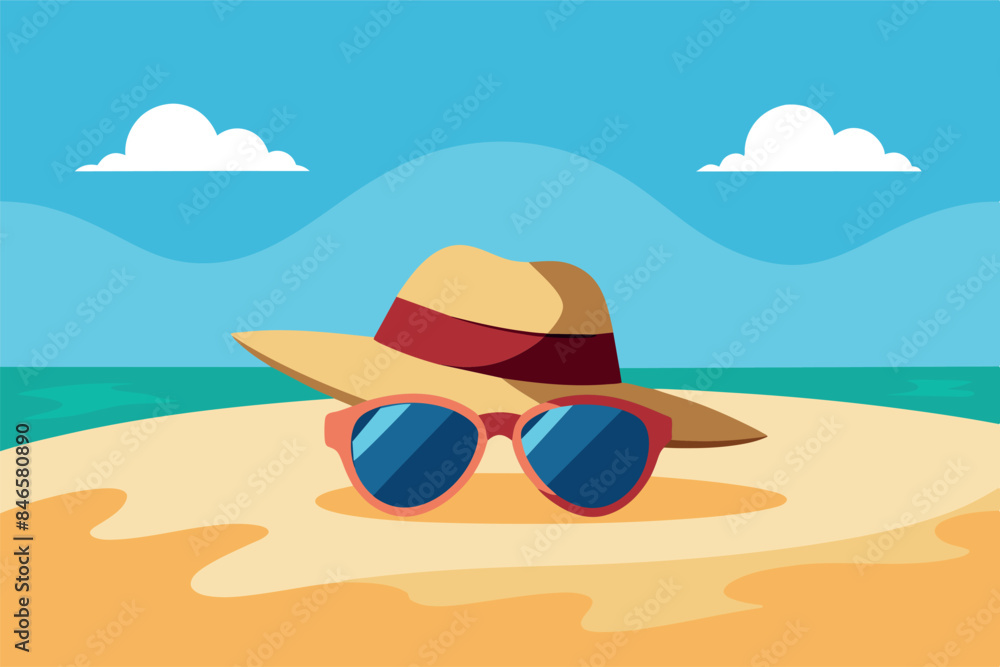 image of a beach scene. A straw hat and sunglasses are lying on the sand. Palm trees can be seen in the distance. The theme of vacation and carefree image of a beach scene. A straw hat and sunglasses are lying on the sand. Palm trees can be seen in the distance. The theme of vacation and carefree